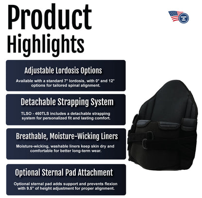 Black rigid TLSO back brace with adjustable lordosis options, detachable straps, and breathable moisture-wicking liners,.