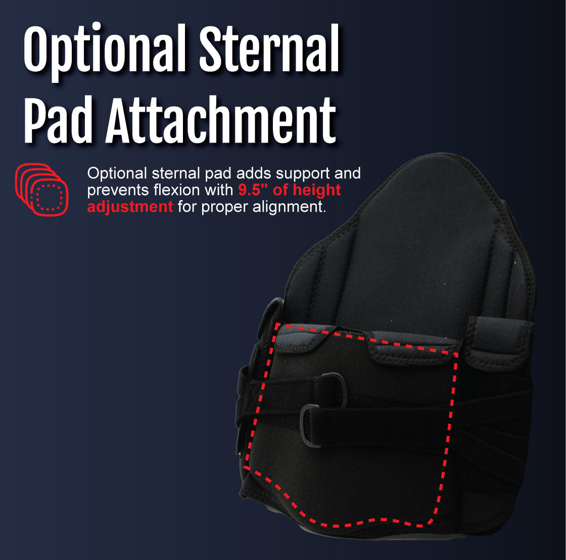 Black TLSO back brace with optional sternal pad attachment and adjustable straps.