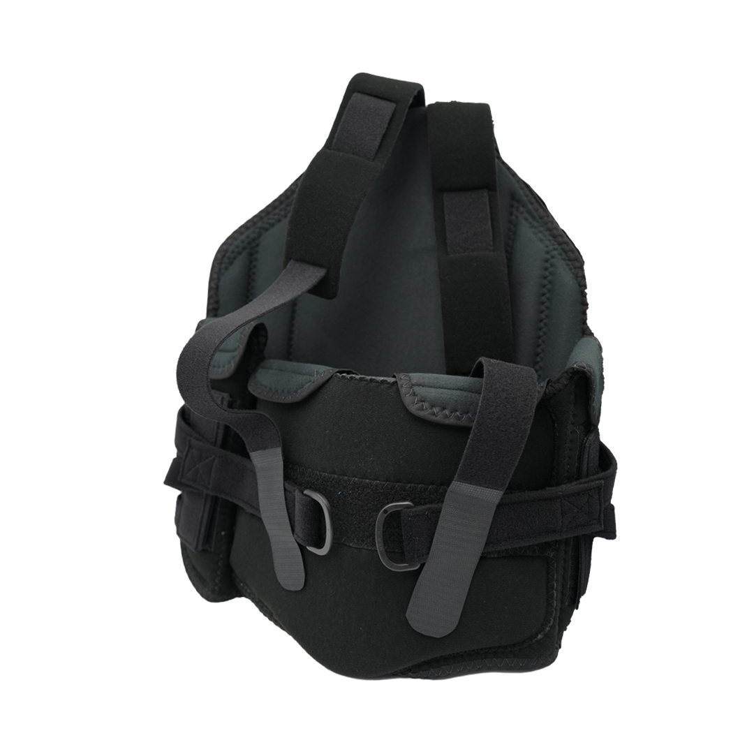 Black and gray adjustable TLSO back brace with padded support and Velcro straps.