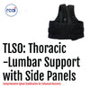 Black thoracic lumbar support brace with adjustable side panels and shoulder straps, made in the USA by RCAI.