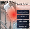 Man wearing white Thoracic Lumbar Support with side panels on lower back, red highlighting pain area, text overlay.