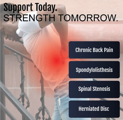 Woman wearing a white shirt holding her lower back with red glow highlighting pain area and text about back conditions.