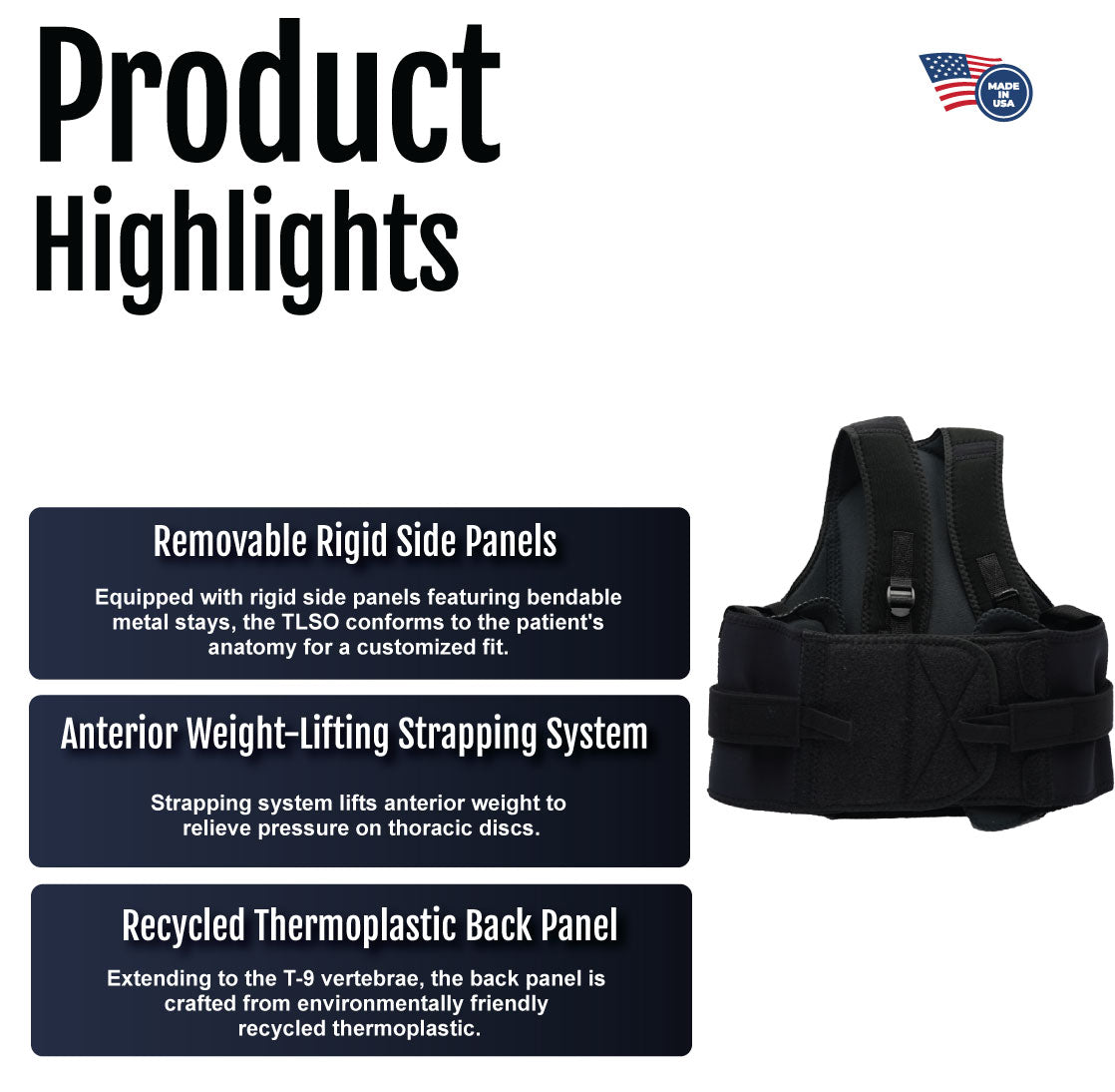 Black thoracic lumbar support brace with rigid removable side panels and adjustable weight-lifting strapping system.