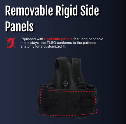 Black thoracic lumbar support brace with adjustable removable rigid side panels and padded straps.