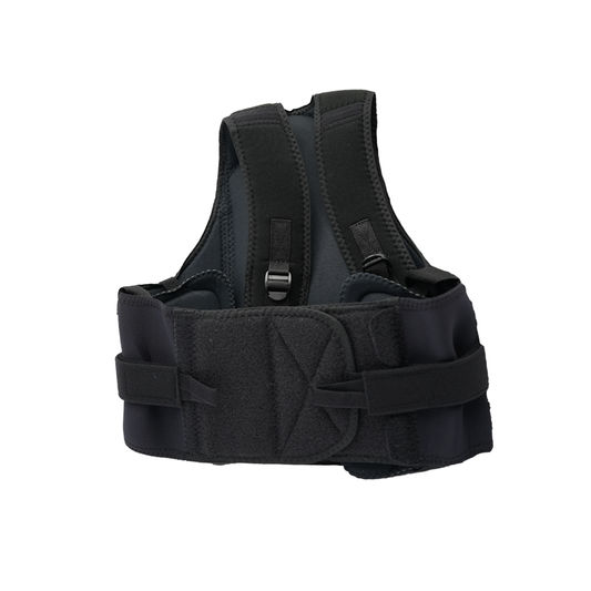 Black thoracic lumbar support brace with adjustable side panels and padded straps.