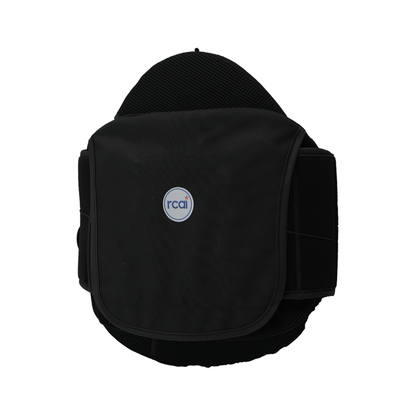 Black adjustable lumbar support brace with front panel and rca logo patch.