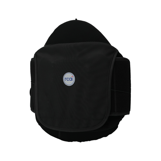 Black adjustable lumbar support brace with front panel and rca logo patch.
