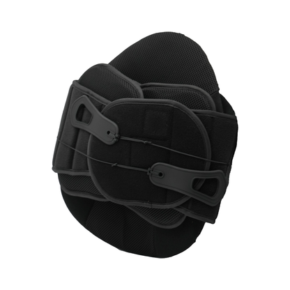 Black adjustable lumbar support orthotic belt with reinforced plastic stays and breathable mesh panels.
