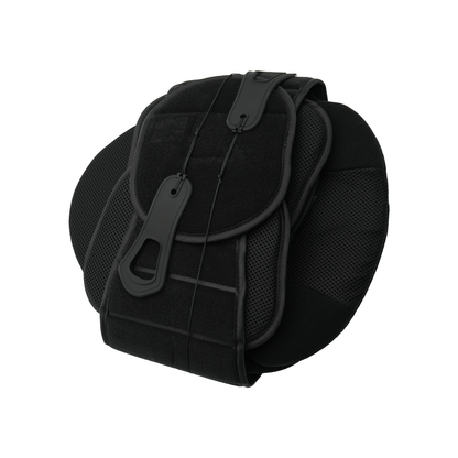 Black Universal Lumbar Support Orthosis with adjustable straps and breathable mesh panels.