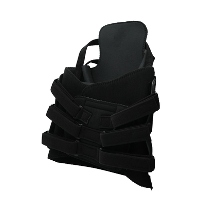 Black TLSO brace with adjustable Velcro straps and rigid support panels.