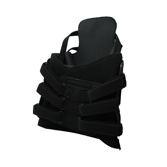 Black TLSO brace with adjustable Velcro straps and rigid support panels.