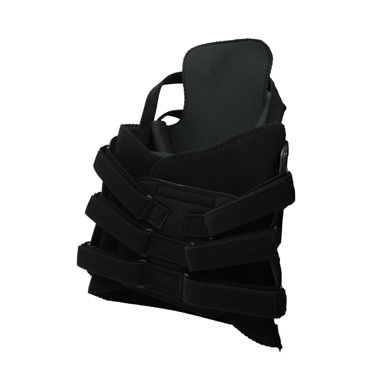 Black TLSO back brace with adjustable Velcro straps, rigid support panels, and soft interior lining, made in the USA, RCAI.