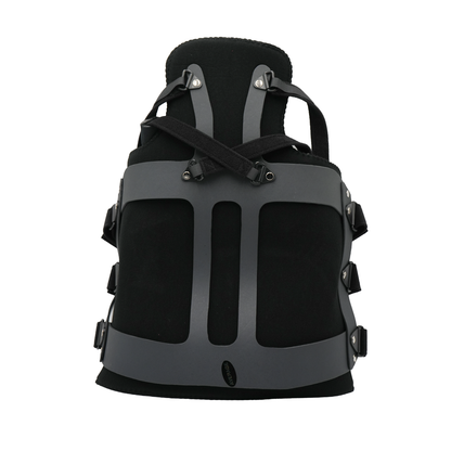 Black and gray TLSO back brace with adjustable straps and padded support panels.