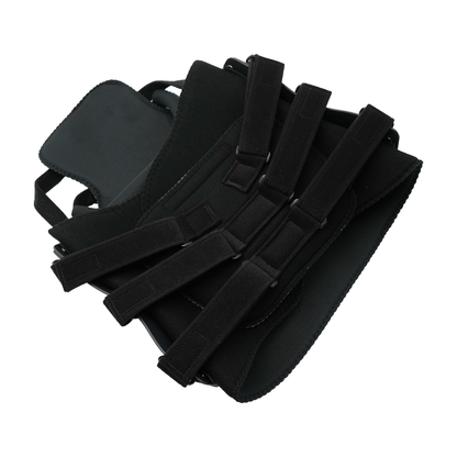 Black TLSO back brace with multiple adjustable Velcro straps and rigid support panels.