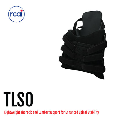 Black lightweight thoracic and lumbar support brace with adjustable straps and rigid back panel.