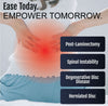 Person wearing white TLSO brace around lower back, highlighted red pain area, promoting spinal support, made in the USA,.