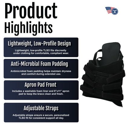 Black TLSO back brace with adjustable straps and antimicrobial foam padding details.