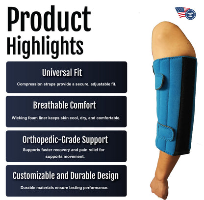 Blue pediatric elbow stabilizer with adjustable compression straps and orthopedic design on a beige mannequin arm.