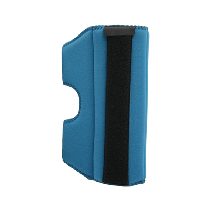 Blue neoprene elbow stabilizer with black adjustable Velcro strap and cutout for arm contour.