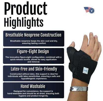 Black wrap-around thumb support with adjustable straps and breathable neoprene material.