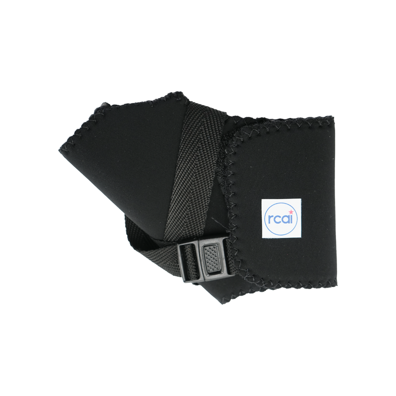 Black wrap around thumb support with elastic strap and plastic buckle, scalloped edges, and white RCAI logo patch.
