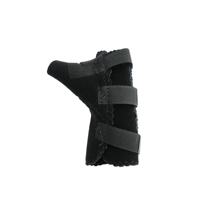 Black pediatric wrist thumb support with three adjustable Velcro straps and breathable fabric.