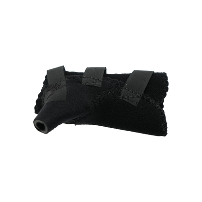 Black pediatric wrist thumb support brace with three adjustable hook-and-loop straps.