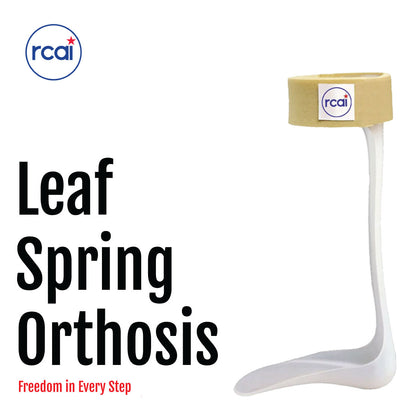 Beige lightweight RCAI Leaf Spring Orthosis AFO with slim curved plastic frame and padded ankle strap.