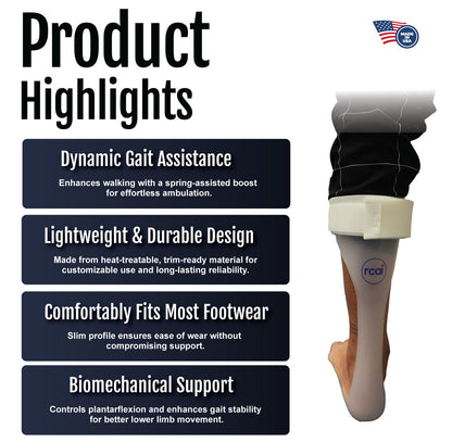 Orthotic product highlights with text on dynamic gait assistance, lightweight durable design, footwear fit, and.