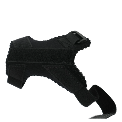 Black pediatric thumb support brace with adjustable Velcro straps and contoured design.