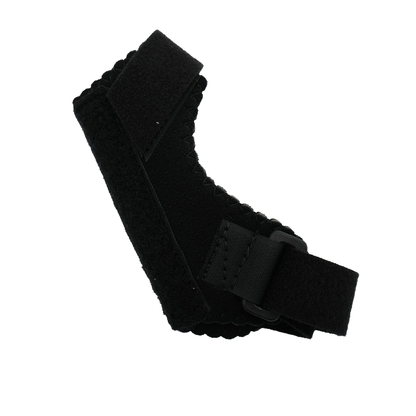 Black pediatric thumb support brace with adjustable strap and soft padding.