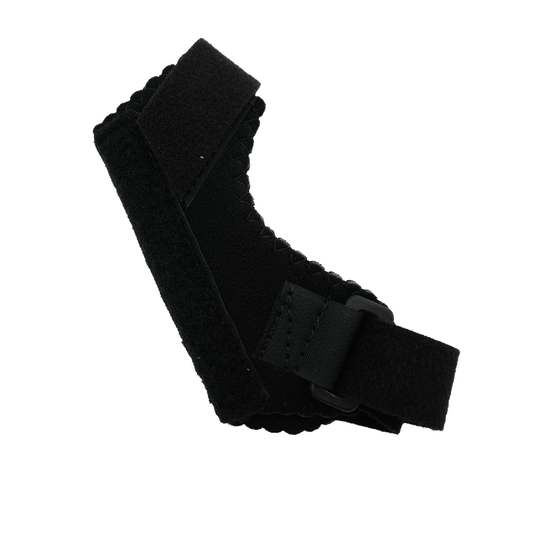 Black pediatric thumb support brace with adjustable strap and soft padding.