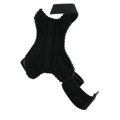 Black pediatric thumb support brace with adjustable Velcro straps and contoured padding.