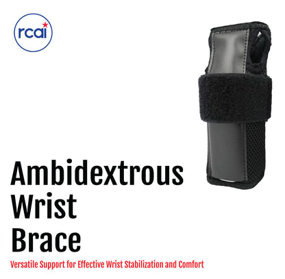 Black ambidextrous wrist brace with adjustable Velcro strap and breathable sides.