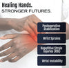 Black ambidextrous wrist brace on left wrist with supportive straps, labeled for postoperative stabilization and wrist.