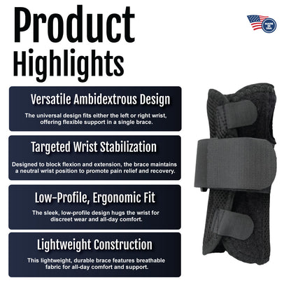 Black ambidextrous wrist brace with adjustable straps and breathable fabric for wrist support and stabilization.