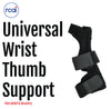 Black adjustable wrist and thumb support brace with two wide Velcro straps for pain relief and recovery.