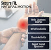 Hand wearing a black RCAI Universal Wrist Thumb Support with red highlight on wrist, text listing wrist ligament injuries,.