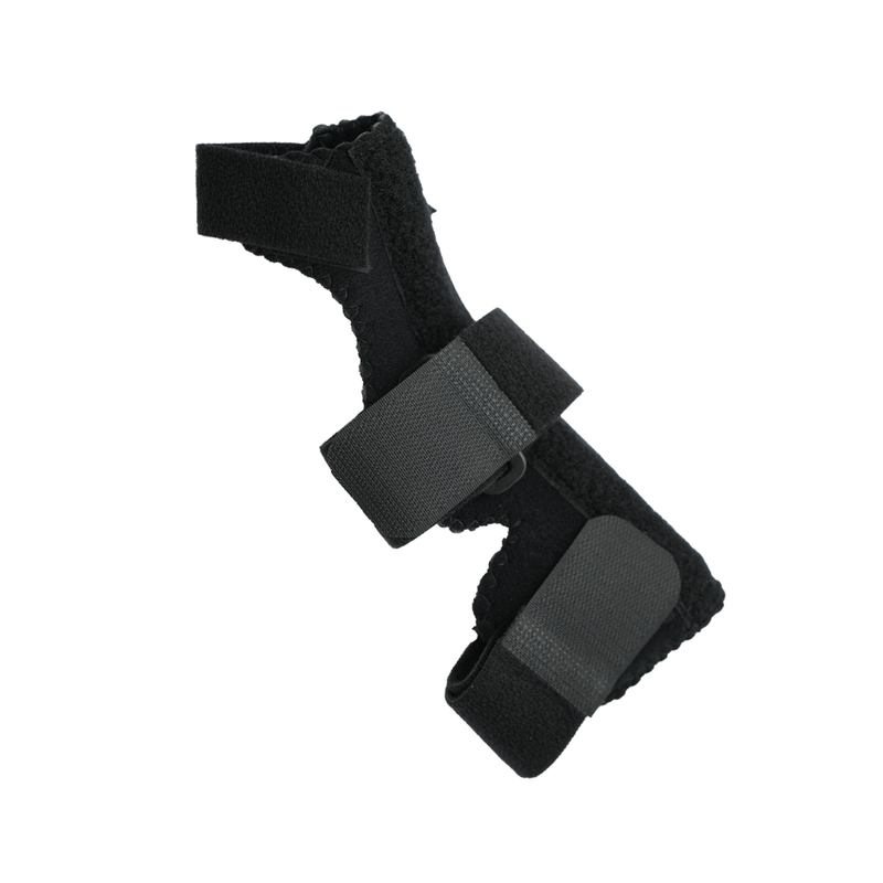 Black adjustable wrist and thumb support brace with three Velcro straps and soft padded interior.