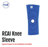 Blue RCAI knee sleeve with reinforced stitching and a circular open patella, made in the USA.