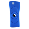 Blue RCAI knee sleeve with black reinforced stitching around open patella, made in the USA label at top edge.