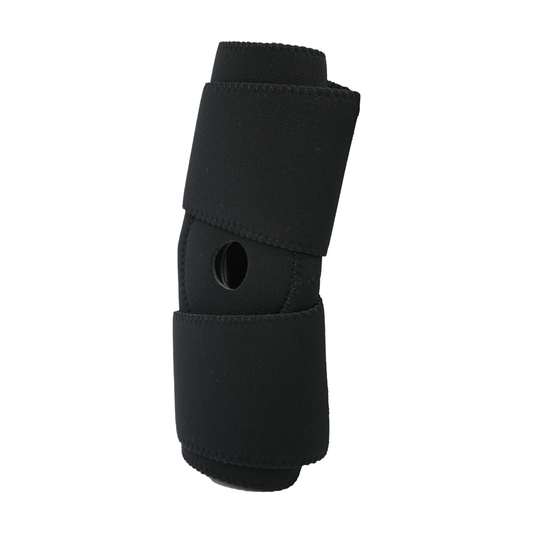 Black wrap-around knee brace with open patella and adjustable velcro straps, no hinges.