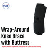 Black wrap-around knee brace with buttress, no hinges, adjustable straps, made in the USA, RCAI logo visible.