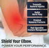 Arm with highlighted red elbow area illustrating protection from traumatic humeral injuries, radial nerve palsy, humerus.