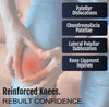 Hinged Lateral "J" Brace on bent knee with red pain highlight, text listing knee injury uses, Made in the USA, RCAI logo.