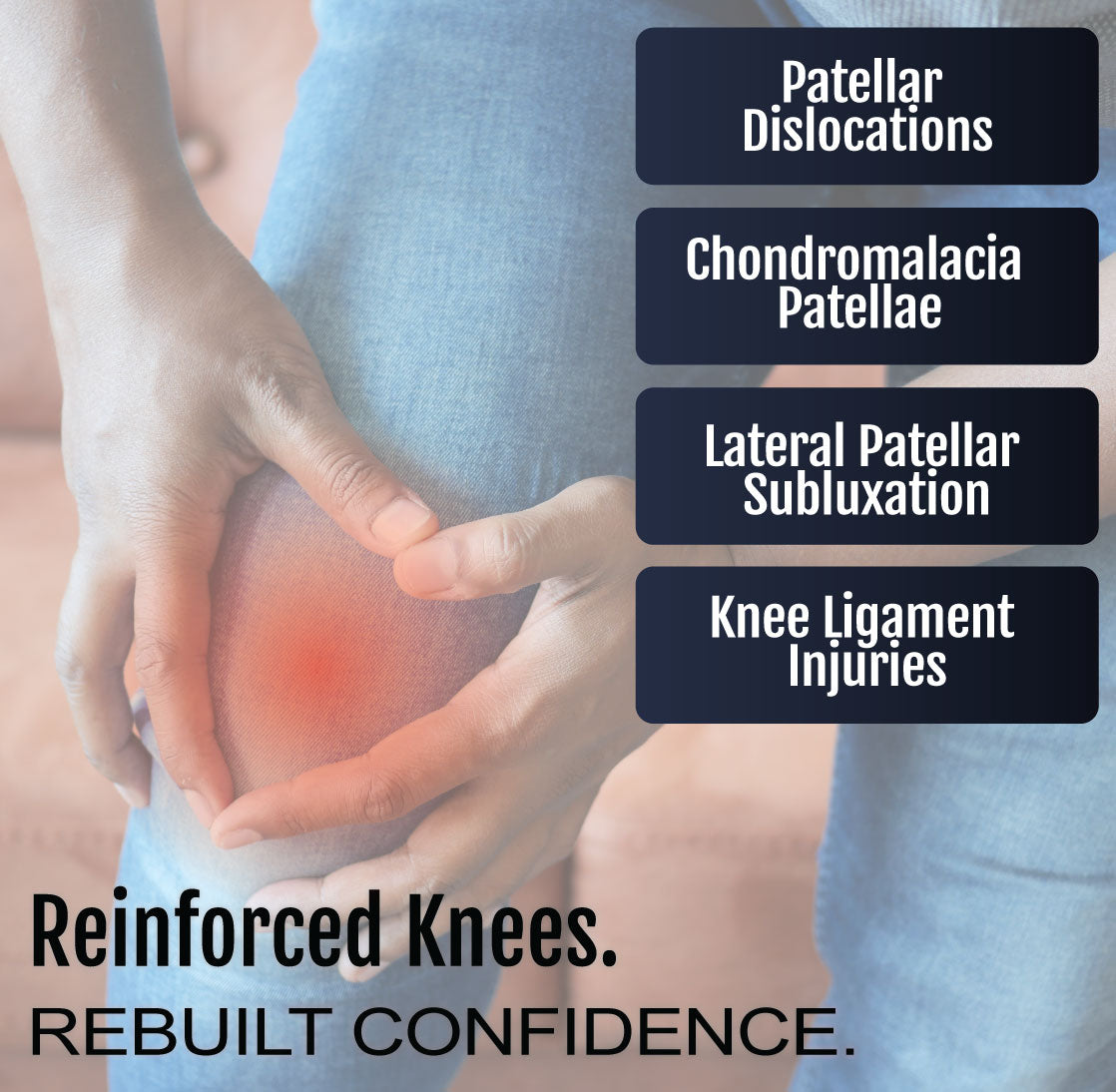 Person holding knee with red highlight showing pain, overlaid text listing knee injuries treated by hinged lateral "J" brace.