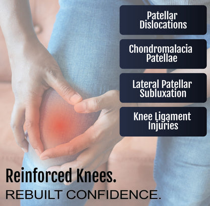 Person holding knee with red highlight showing pain, overlaid text listing knee injuries treated by hinged lateral "J" brace.