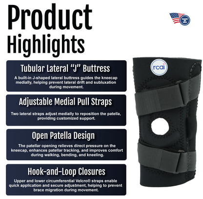 Black hinged lateral "J" brace with adjustable medial pull straps and open patella design.