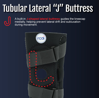 Black hinged lateral "J" brace with tubular lateral buttress and adjustable straps around knee cutout.