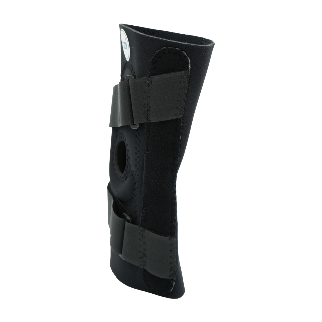 Black hinged lateral "J" brace with adjustable straps and padded circular opening for the knee.